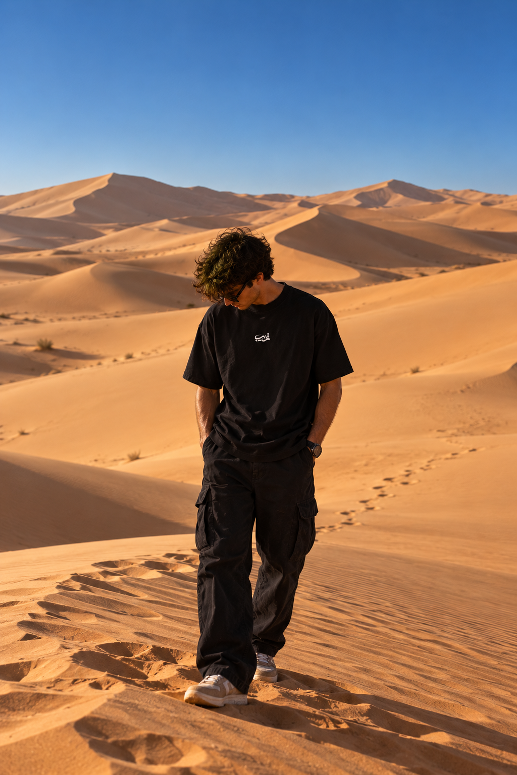 A man in the black «غريب» tee walking across sand dunes
